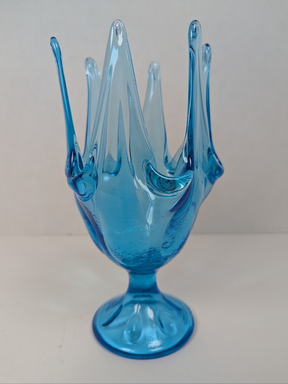 Vintage Blue Art Glass Crown Vase Hand Blown Spiky Rim Pedestal MCM 8"